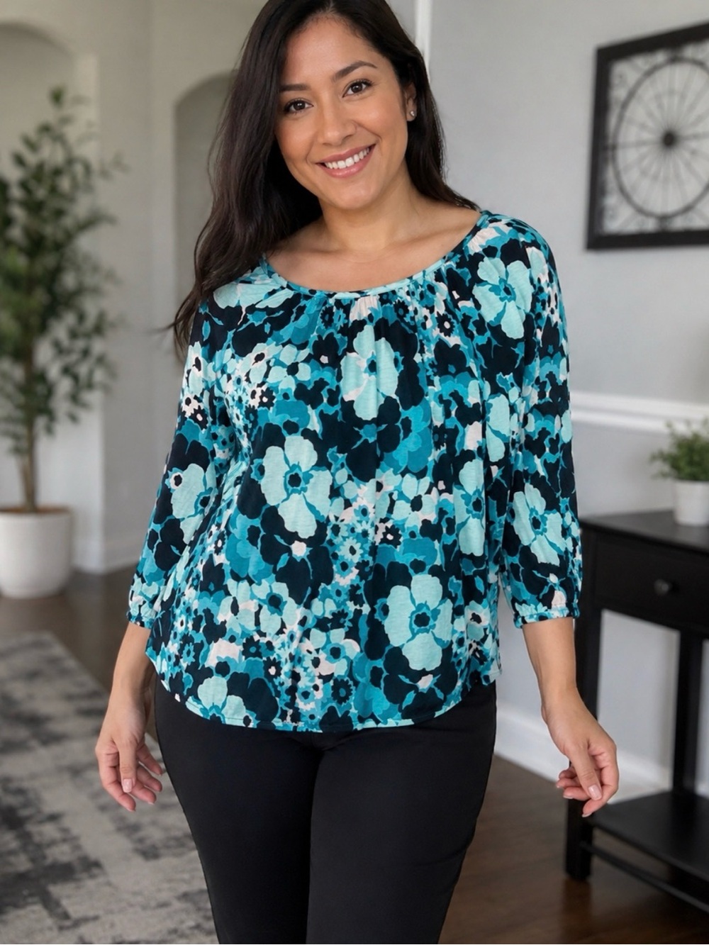 Michael Kors Turquoise Floral Scoop-Neck Blouse